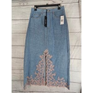 DRIFTWOOD Blue Denim Maxi Skirt with Pink Lace Trim